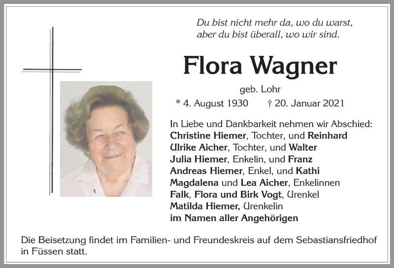 Traueranzeige von Flora Wagner von Allgäuer Zeitung, Füssen
