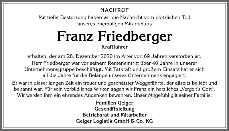 Traueranzeige von Franz Friedberger von Allgäuer Anzeigeblatt