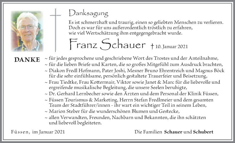 Traueranzeige von Franz Schauer von Allgäuer Zeitung, Füssen