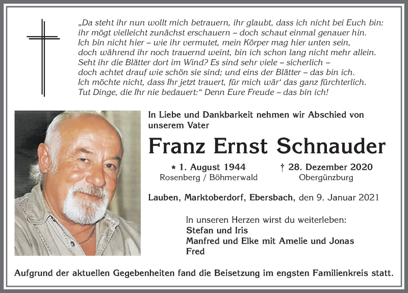 Traueranzeige von Franz Ernst Schnauder von Allgäuer Zeitung, Marktoberdorf
