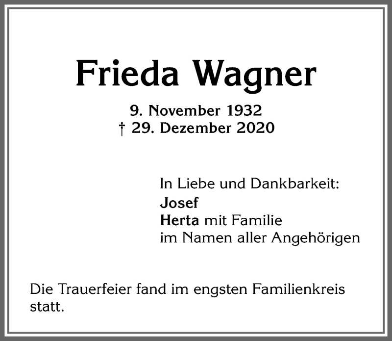 Traueranzeige von Frieda Wagner von Allgäuer Zeitung,Kempten