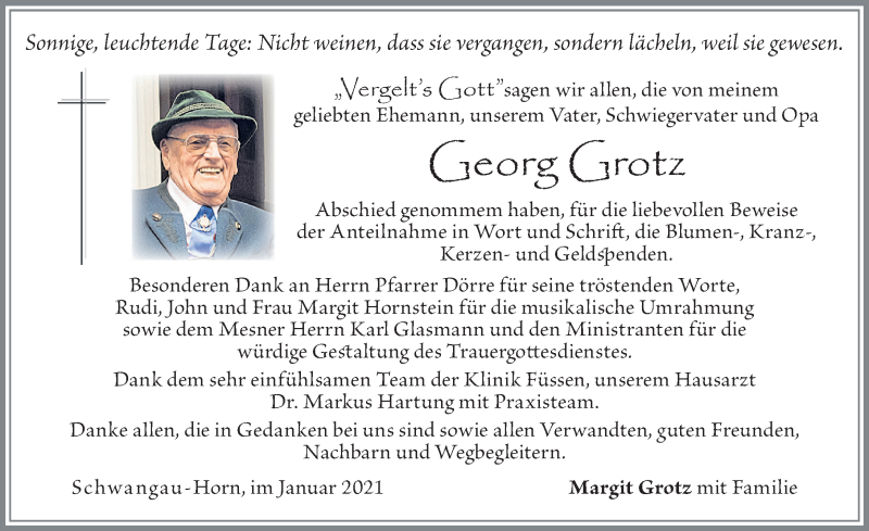 Traueranzeige von Georg Grotz von Allgäuer Zeitung, Füssen