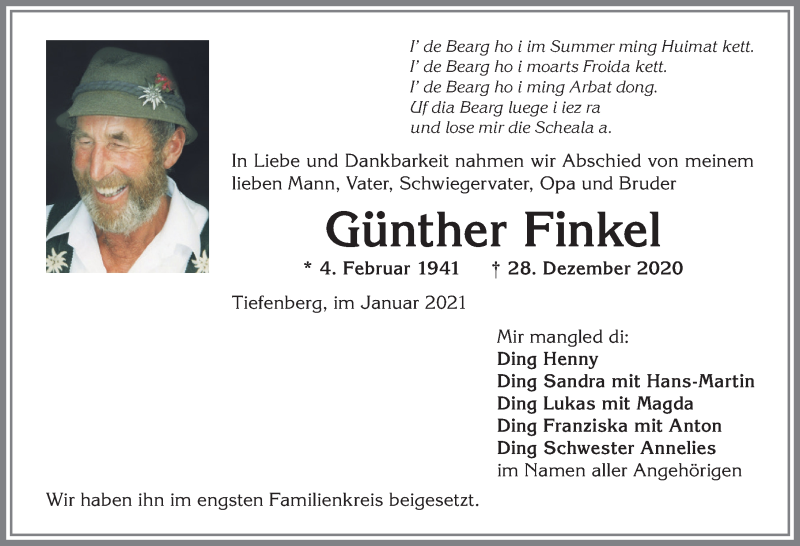 Traueranzeige von Günther Finkel von Allgäuer Anzeigeblatt