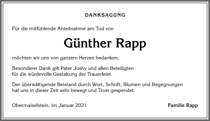 Traueranzeige von Günther Rapp von Allgäuer Anzeigeblatt