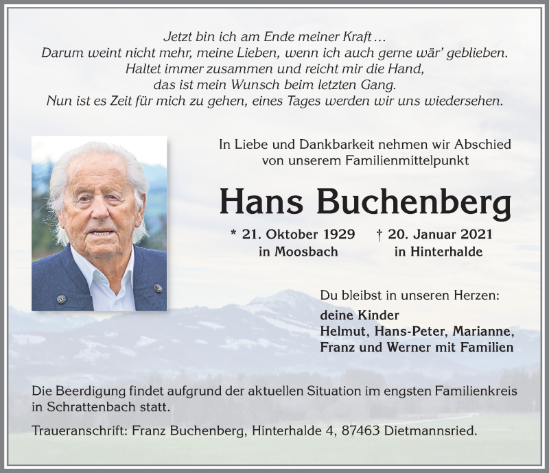 Traueranzeige von Hans Buchenberg von Allgäuer Zeitung,Kempten