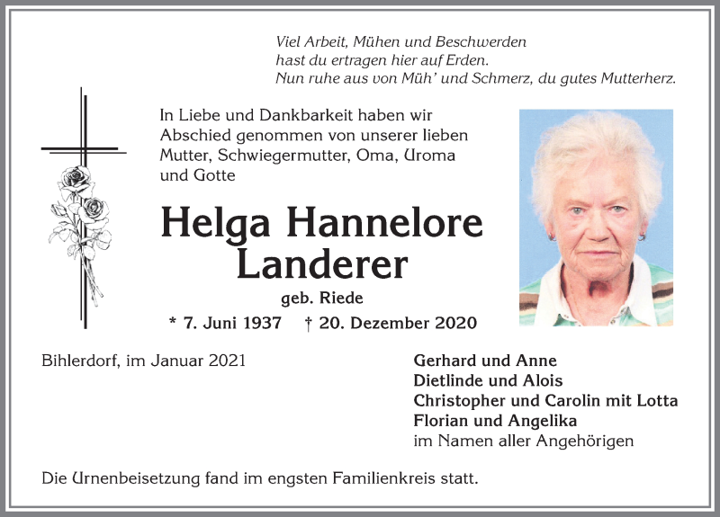 Traueranzeige von Helga HAnnelore Landerer von Allgäuer Anzeigeblatt