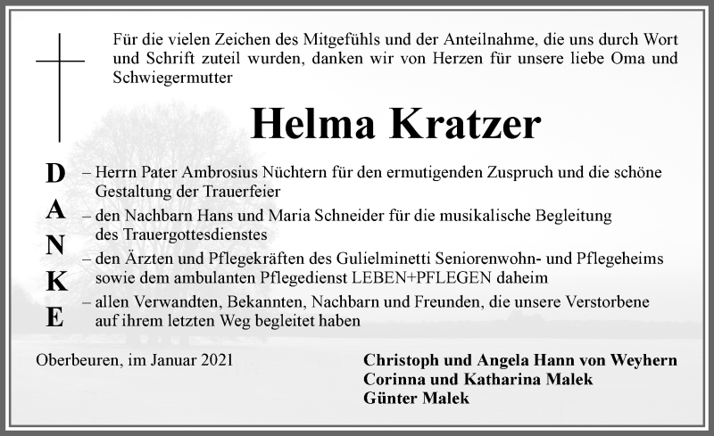 Traueranzeige von Helma Kratzer von Allgäuer Zeitung, Kaufbeuren/Buchloe