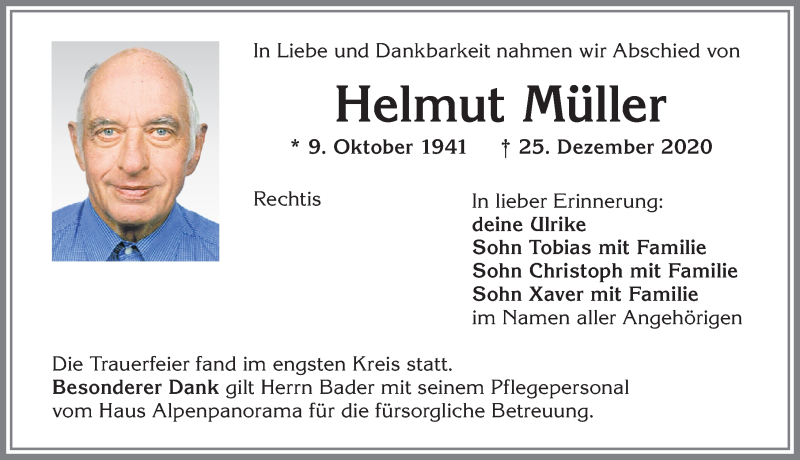 Traueranzeige von Helmut Müller von Allgäuer Zeitung,Kempten