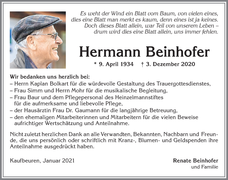 Traueranzeige von Hermann Beinhofer von Allgäuer Zeitung, Kaufbeuren/Buchloe