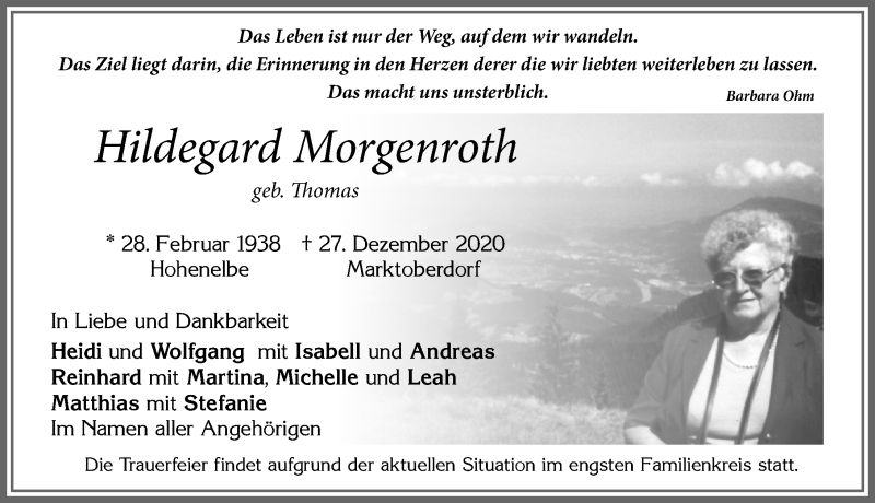 Traueranzeige von Hildegard Morgenroth von Allgäuer Zeitung, Marktoberdorf