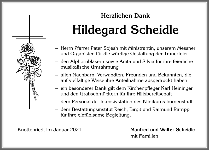 Traueranzeige von Hildegard Scheidle von Allgäuer Anzeigeblatt
