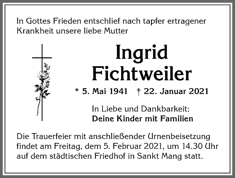 Traueranzeige von Ingrid Fichtweiler von Allgäuer Zeitung,Kempten