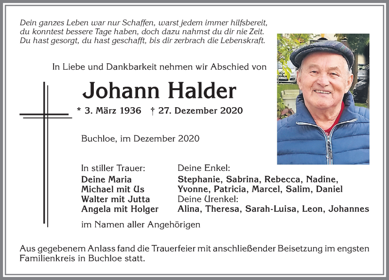 Traueranzeige von Johann Halder von Allgäuer Zeitung, Kaufbeuren/Buchloe