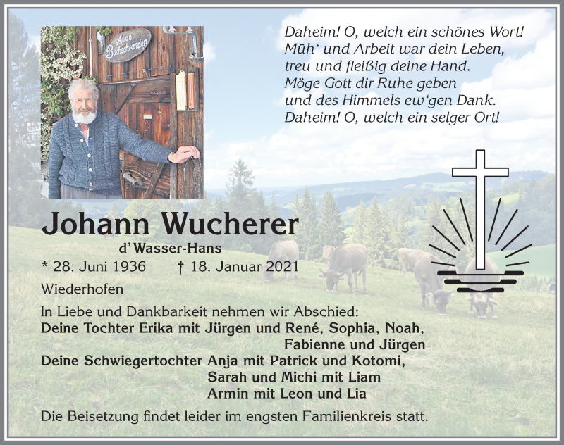 Traueranzeige von Johann Wucherer von Allgäuer Zeitung