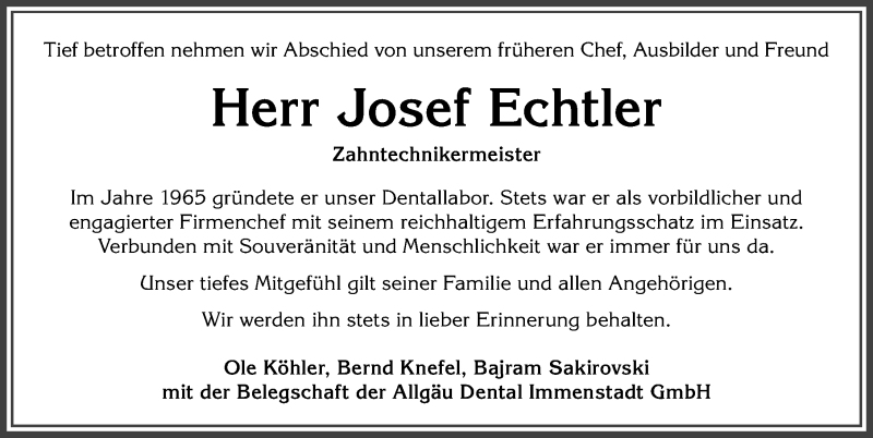 Traueranzeige von Josef Echtler von Allgäuer Anzeigeblatt