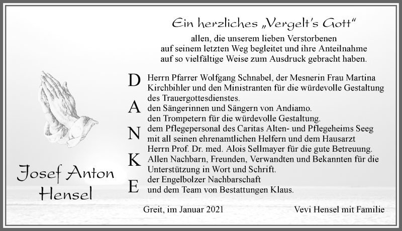 Traueranzeige von Josef Anton Hensel von Allgäuer Zeitung