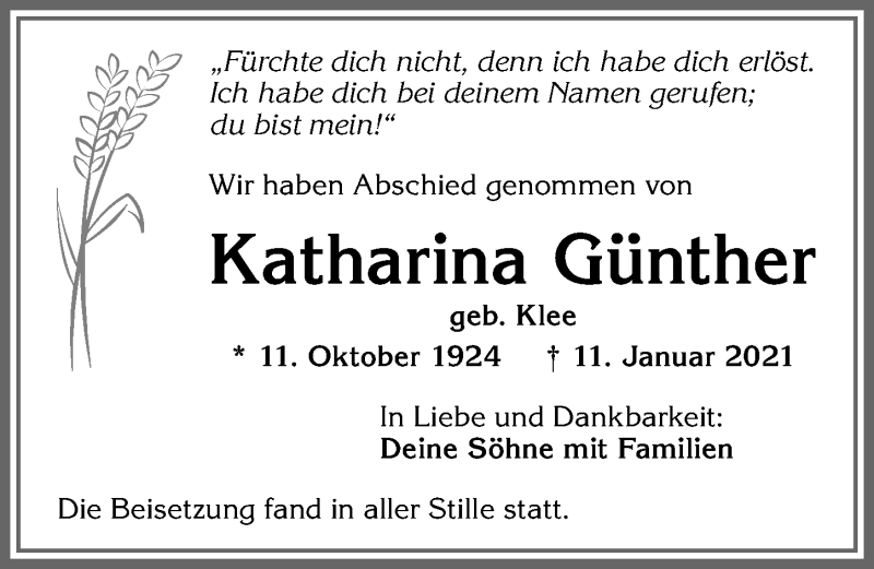 Traueranzeige von Katharina Günther von Allgäuer Zeitung, Kaufbeuren/Buchloe