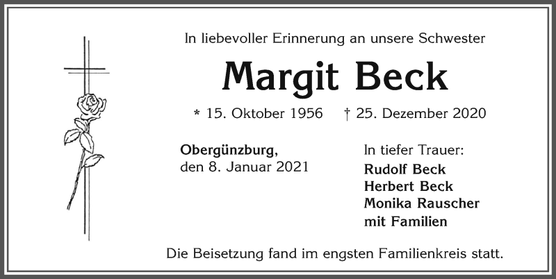 Traueranzeige von Margit Beck von Allgäuer Zeitung, Marktoberdorf