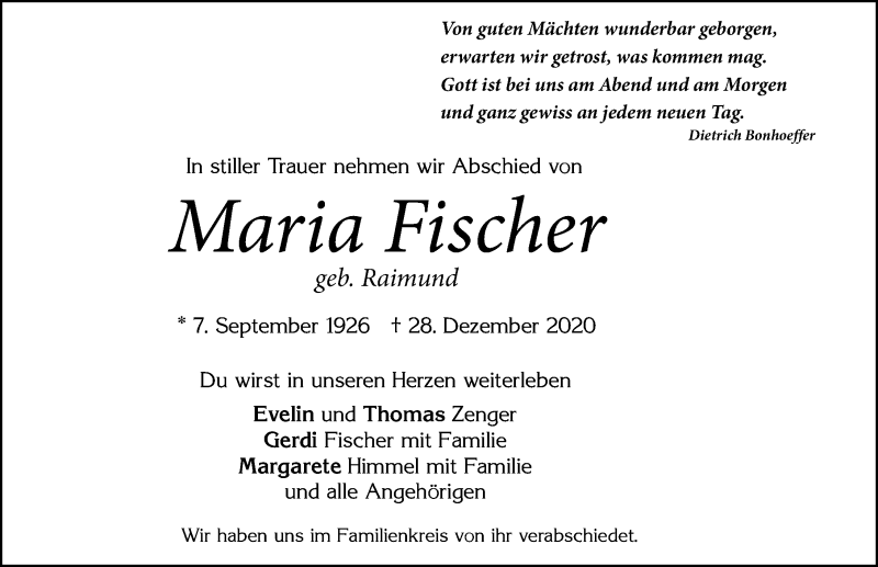 Traueranzeige von Maria Fischer von Allgäuer Zeitung, Marktoberdorf