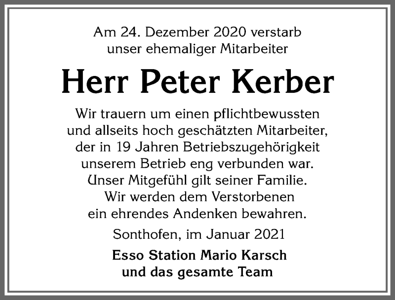 Traueranzeige von Peter Kerber von Allgäuer Anzeigeblatt