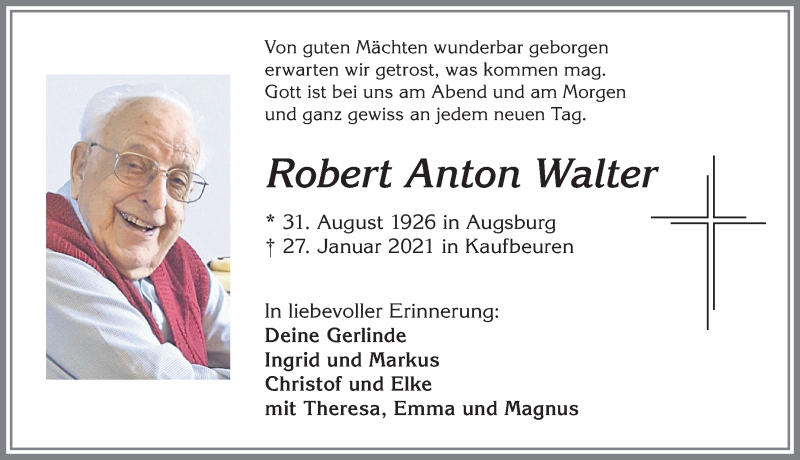 Traueranzeige von Robert Anton Walter von Allgäuer Zeitung, Kaufbeuren/Buchloe