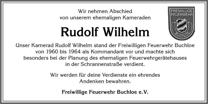 Traueranzeige von Rudolf Wilhelm von Allgäuer Zeitung, Kaufbeuren/Buchloe