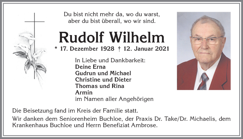 Traueranzeige von Rudolf Wilhelm von Allgäuer Zeitung, Kaufbeuren/Buchloe