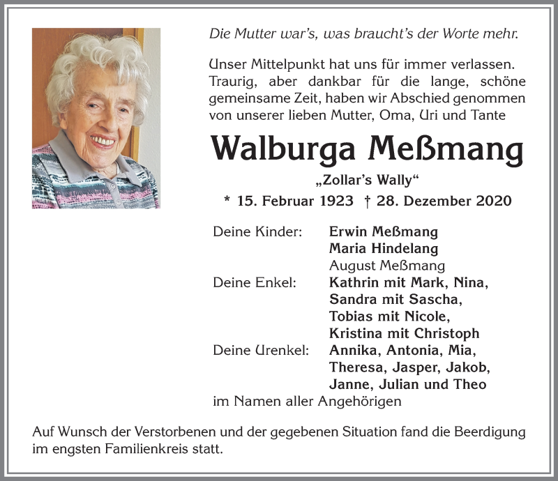 Traueranzeige von Walburga Meßmang von Allgäuer Anzeigeblatt