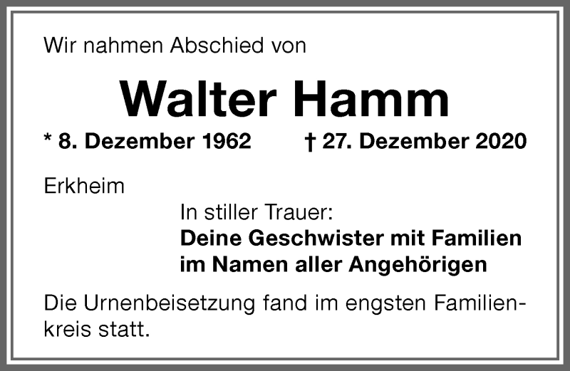 Traueranzeige von Walter Hamm von Memminger Zeitung