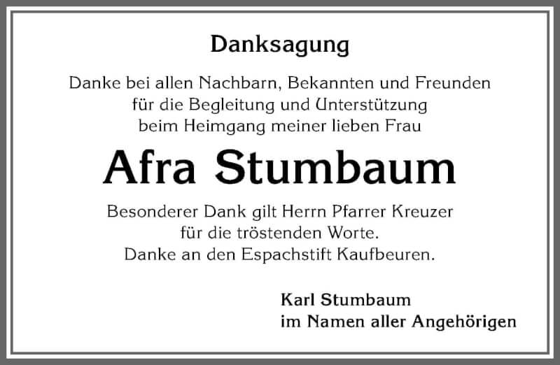 Traueranzeige von Afra Stumbaum von Allgäuer Zeitung, Kaufbeuren/Buchloe