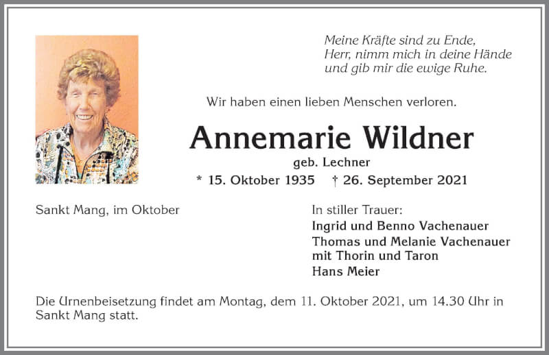 Traueranzeige von Annemarie Wildner von Allgäuer Zeitung,Kempten