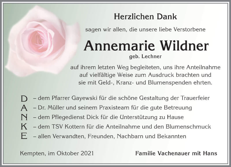 Traueranzeige von Annemarie Wildner von Allgäuer Zeitung,Kempten