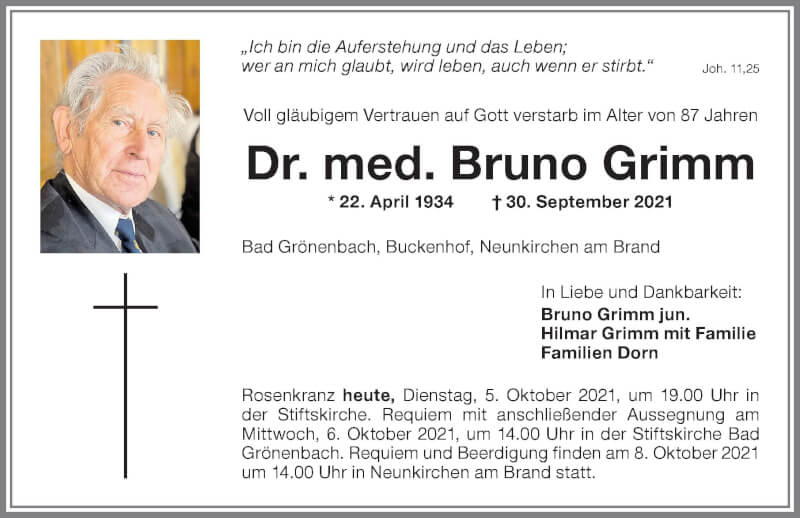 Traueranzeige von Bruno Grimm von Allgäuer Zeitung