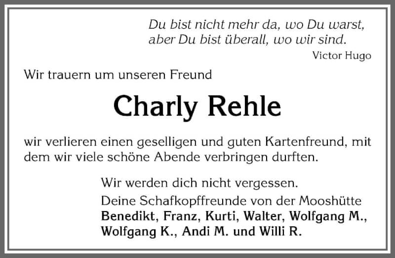 Traueranzeige von Charly Rehle von Allgäuer Zeitung, Marktoberdorf