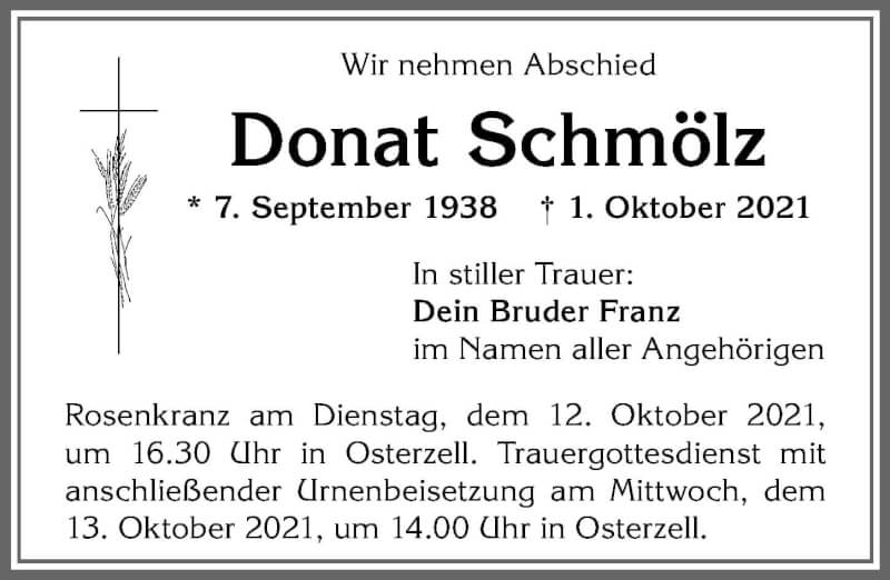 Traueranzeige von Donat Schmölz von Allgäuer Zeitung, Kaufbeuren/Buchloe