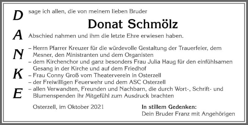 Traueranzeige von Donat Schmölz von Allgäuer Zeitung, Kaufbeuren/Buchloe
