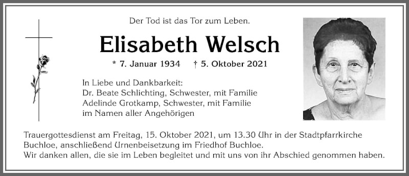 Traueranzeige von Elisabeth Welsch von Allgäuer Zeitung, Kaufbeuren/Buchloe