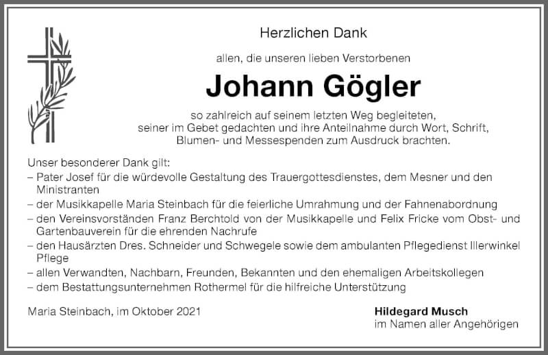 Traueranzeige von Johann Gögler von Memminger Zeitung