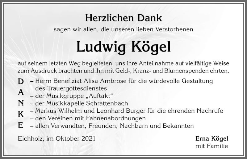 Traueranzeige von Ludwig Kögel von Allgäuer Zeitung,Kempten