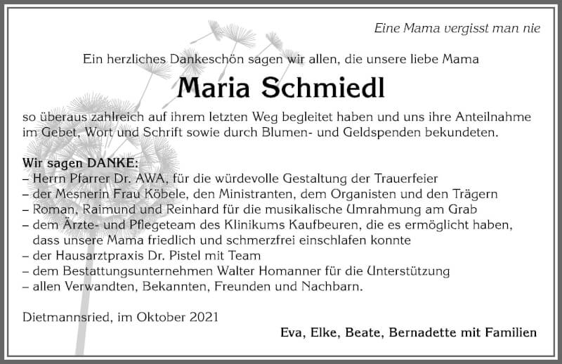 Traueranzeige von Maria Schmiedl von Allgäuer Zeitung,Kempten