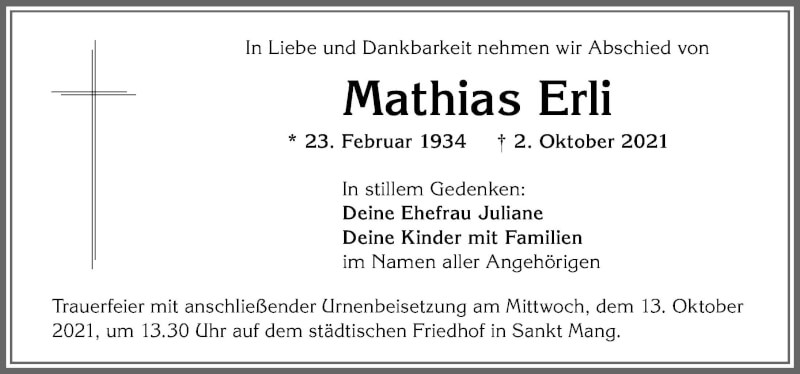 Traueranzeige von Mathias Erli von Allgäuer Zeitung,Kempten