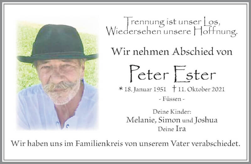  Traueranzeige für Peter Ester vom 30.10.2021 aus Allgäuer Zeitung, Füssen