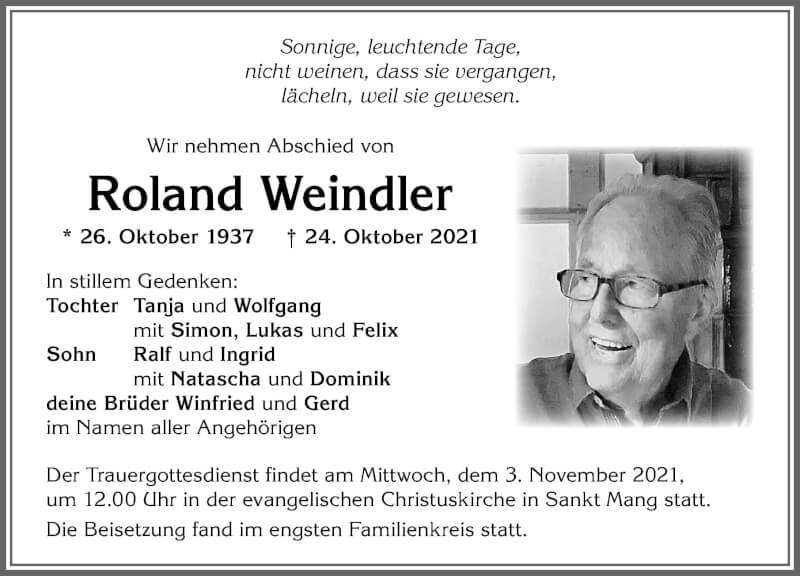 Traueranzeige von Roland Weindler von Allgäuer Zeitung,Kempten