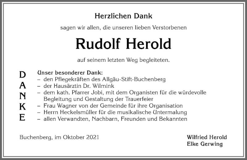Traueranzeige von Rudolf Herold von Allgäuer Zeitung,Kempten