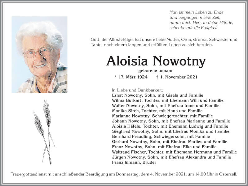 Traueranzeige von Aloisia Nowotny von Allgäuer Zeitung, Kaufbeuren/Buchloe