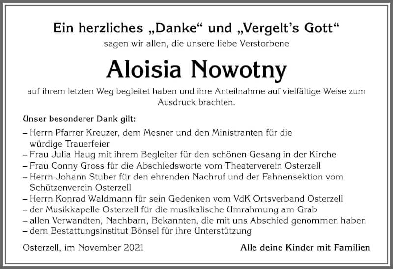 Traueranzeige von Aloisia Nowotny von Allgäuer Zeitung, Kaufbeuren/Buchloe