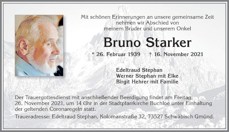 Traueranzeige von Bruno Starker von Allgäuer Zeitung, Kaufbeuren/Buchloe