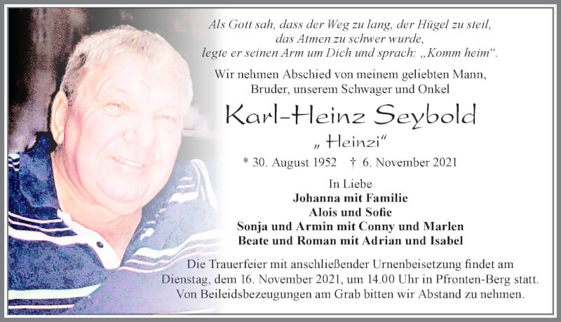 Traueranzeige für Karl-Heinz Seybold vom 13.11.2021 aus Allgäuer Zeitung, Füssen