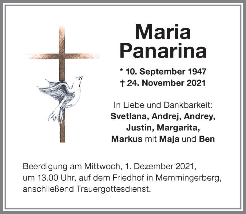 Traueranzeige von Maria Panarina von Memminger Zeitung