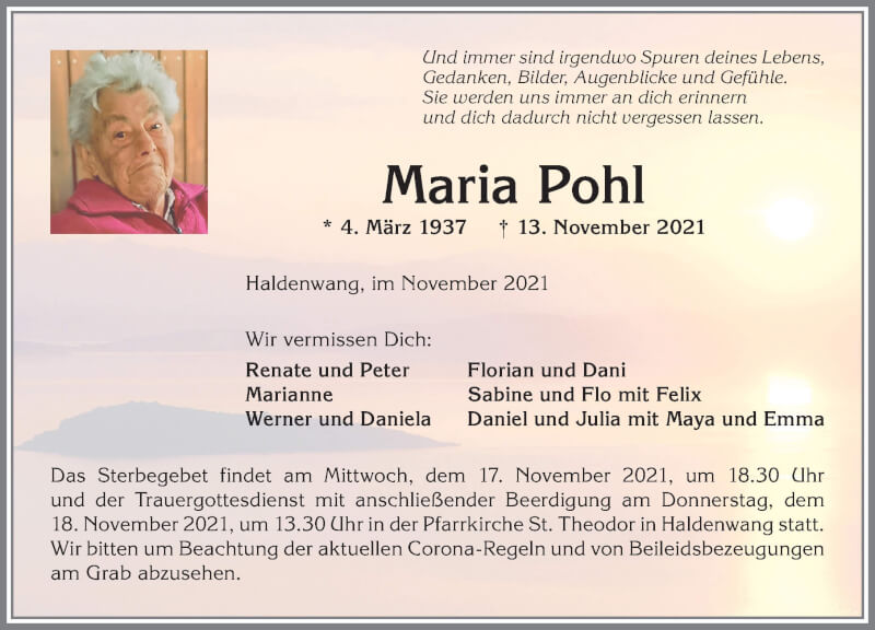  Traueranzeige für Maria Pohl vom 17.11.2021 aus Allgäuer Zeitung,Kempten